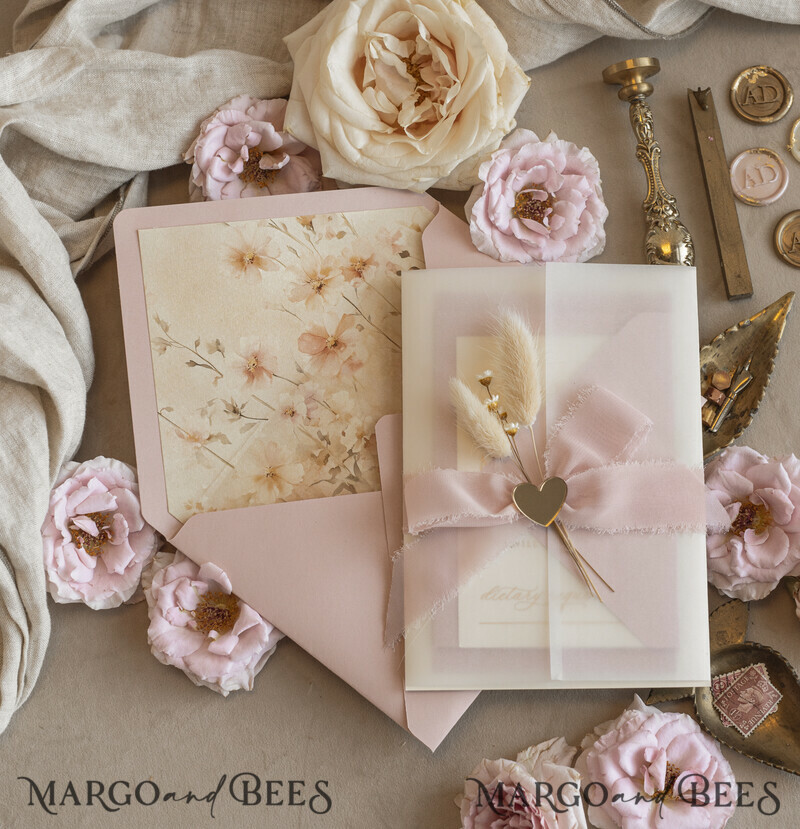 Whimsical Blush Gold Wedding Invitation with vellum jacket chiffon bow nad natural dierd flowers,  Elegant Floral Wedding Invitation with mirror gold heart-11