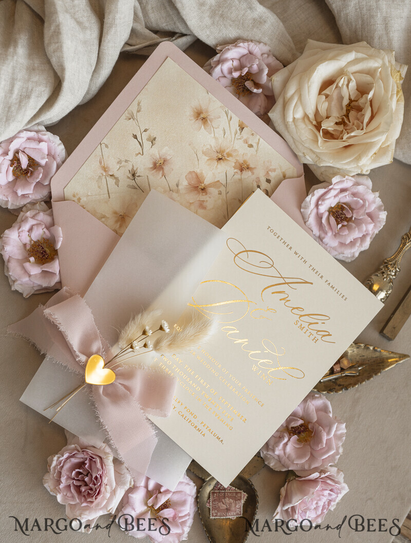 Whimsical Blush Gold Wedding Invitation with vellum jacket chiffon bow nad natural dierd flowers,  Elegant Floral Wedding Invitation with mirror gold heart-12