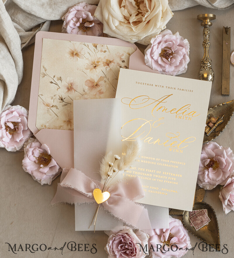 Whimsical Blush Gold Wedding Invitation with vellum jacket chiffon bow nad natural dierd flowers,  Elegant Floral Wedding Invitation with mirror gold heart-13