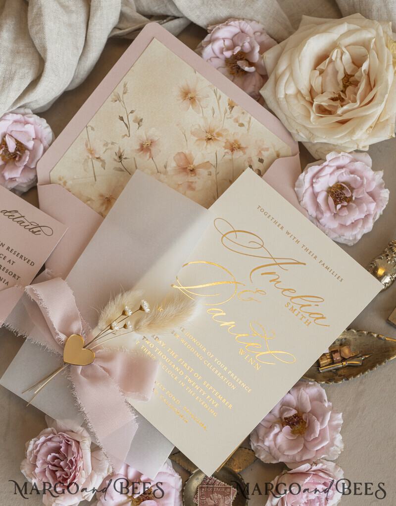 Whimsical Blush Gold Wedding Invitation with vellum jacket chiffon bow nad natural dierd flowers,  Elegant Floral Wedding Invitation with mirror gold heart-14