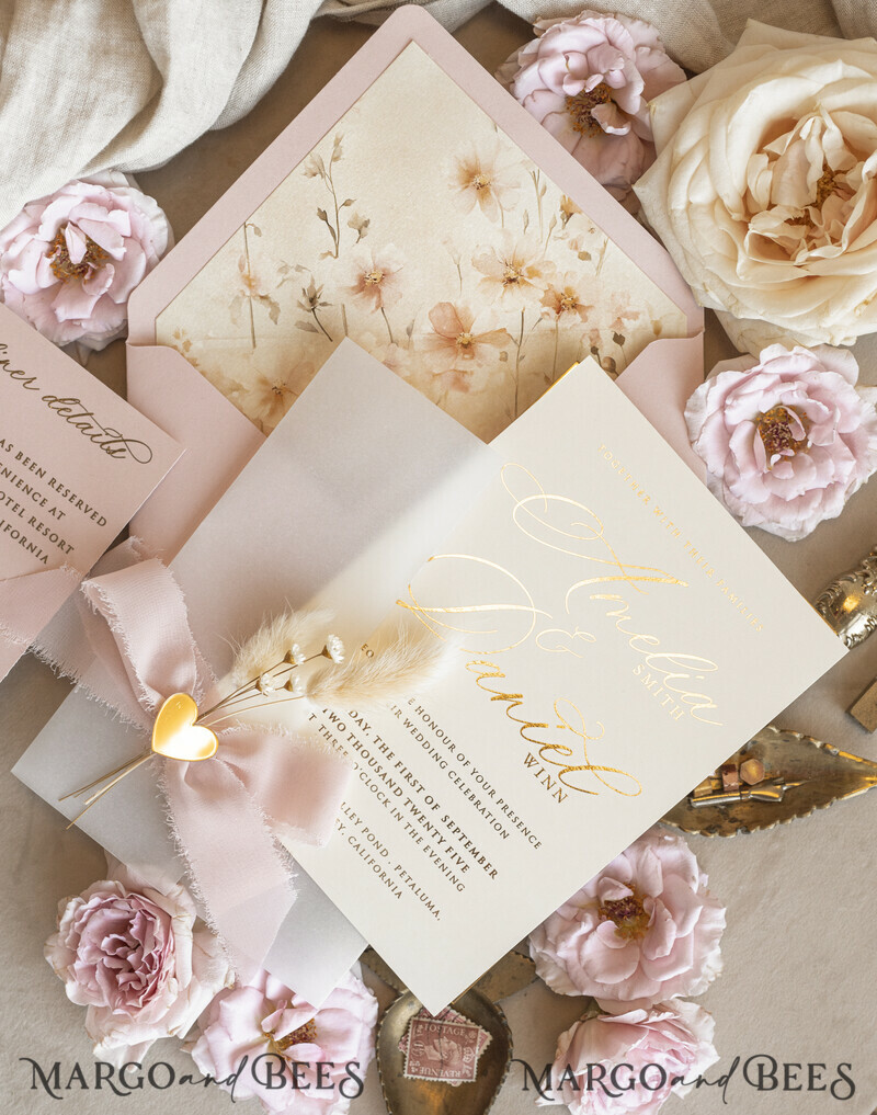 Whimsical Blush Gold Wedding Invitation with vellum jacket chiffon bow nad natural dierd flowers,  Elegant Floral Wedding Invitation with mirror gold heart-15