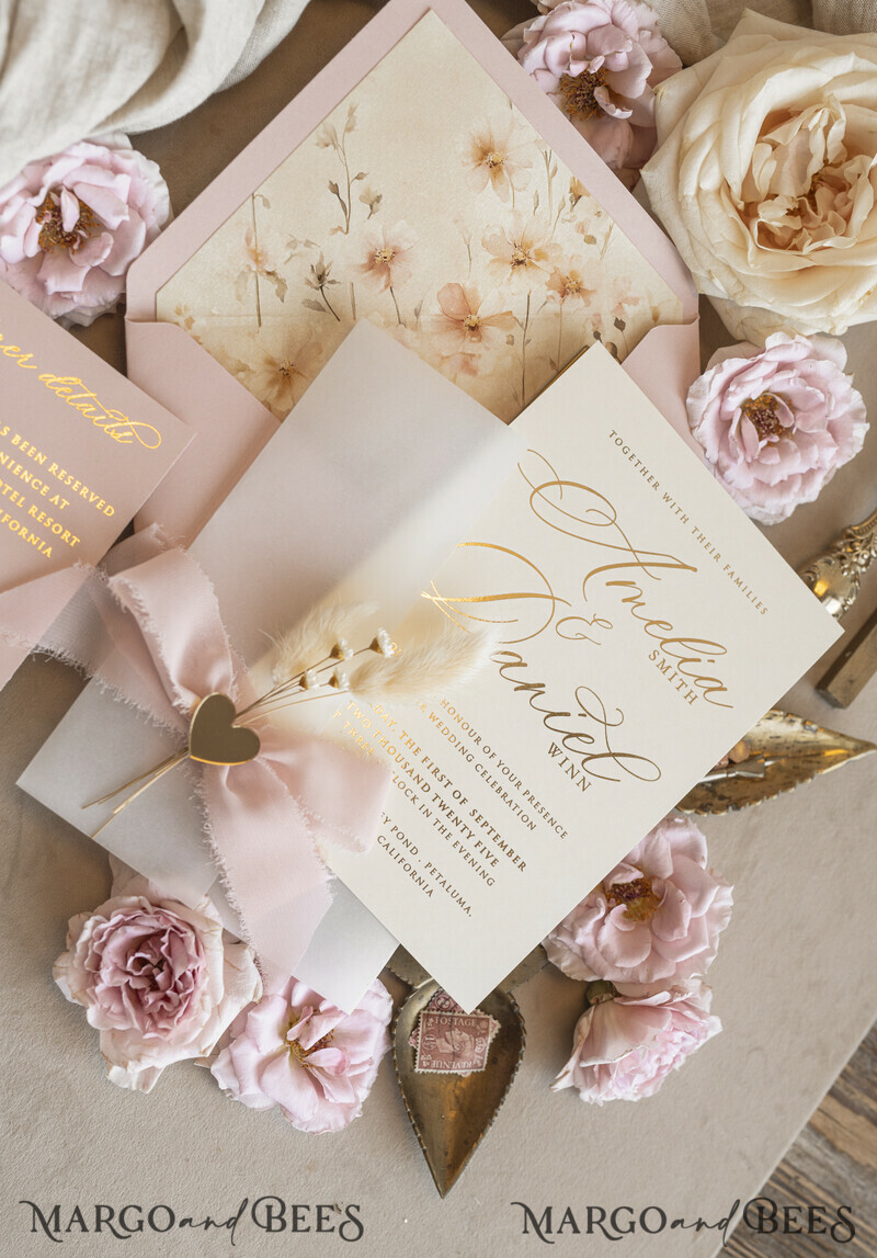 Whimsical Blush Gold Wedding Invitation with vellum jacket chiffon bow nad natural dierd flowers,  Elegant Floral Wedding Invitation with mirror gold heart-17