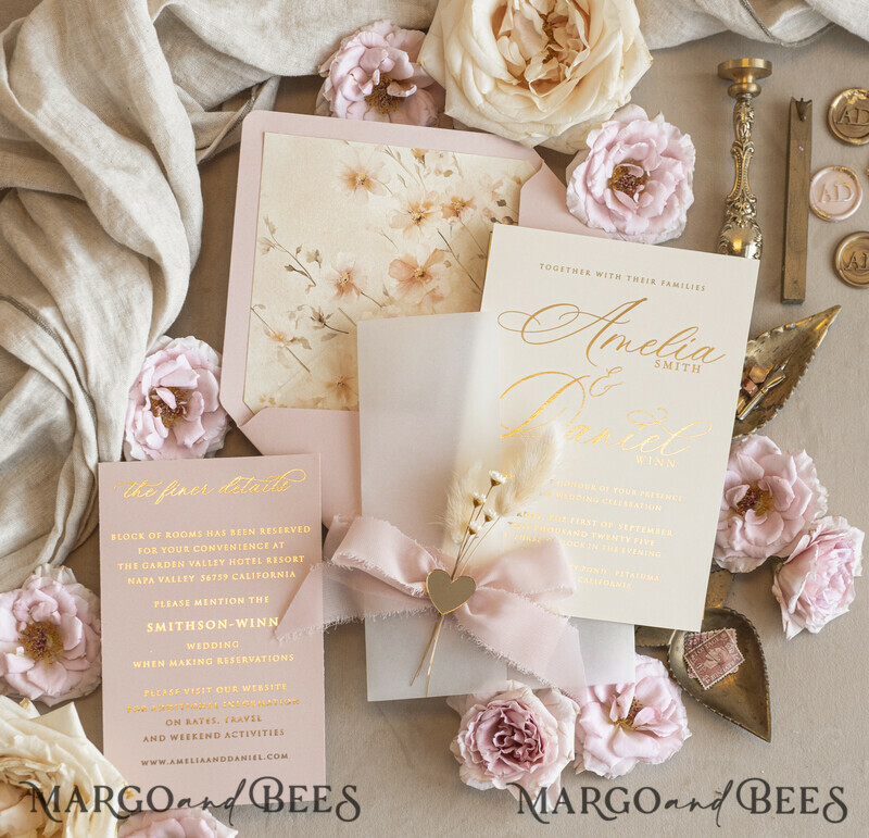 Whimsical Blush Gold Wedding Invitation with vellum jacket chiffon bow nad natural dierd flowers,  Elegant Floral Wedding Invitation with mirror gold heart-18