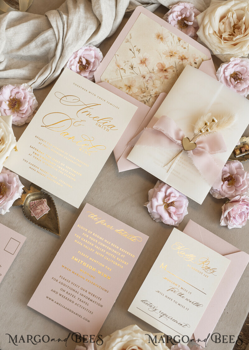 Whimsical Blush Gold Wedding Invitation with vellum jacket chiffon bow nad natural dierd flowers,  Elegant Floral Wedding Invitation with mirror gold heart-20