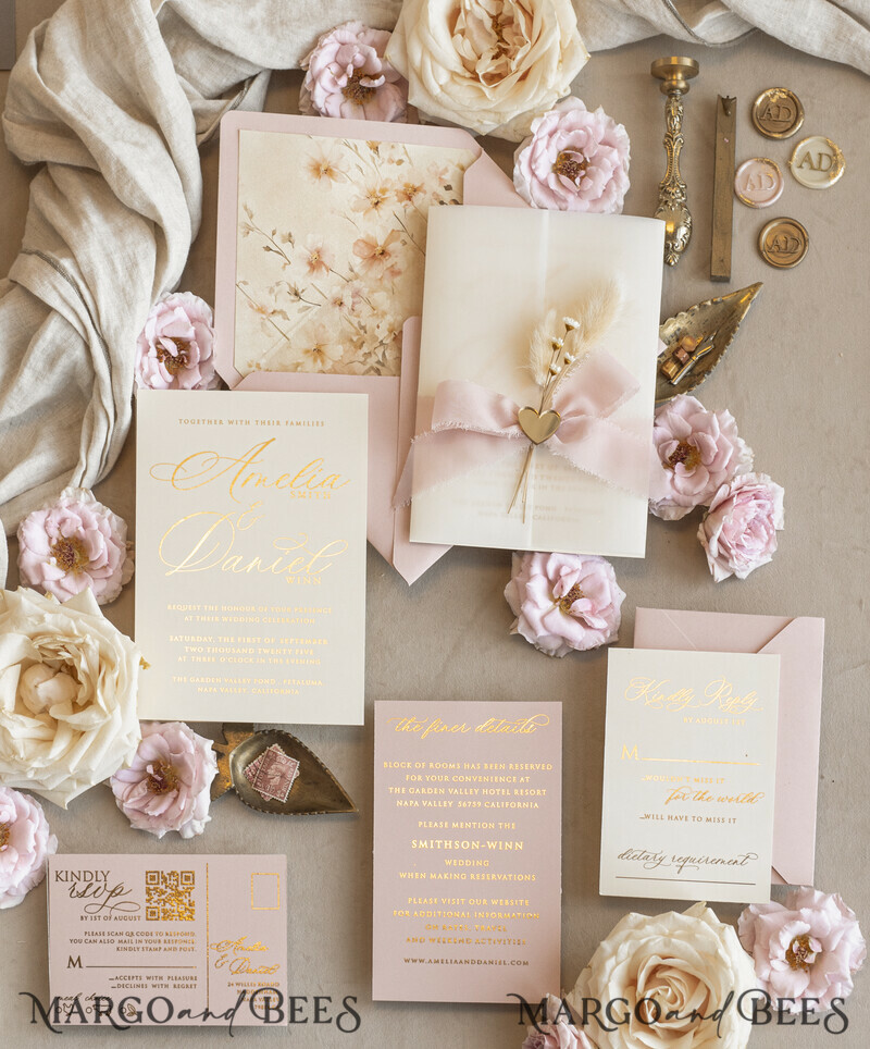 Whimsical Blush Gold Wedding Invitation with vellum jacket chiffon bow nad natural dierd flowers,  Elegant Floral Wedding Invitation with mirror gold heart-21