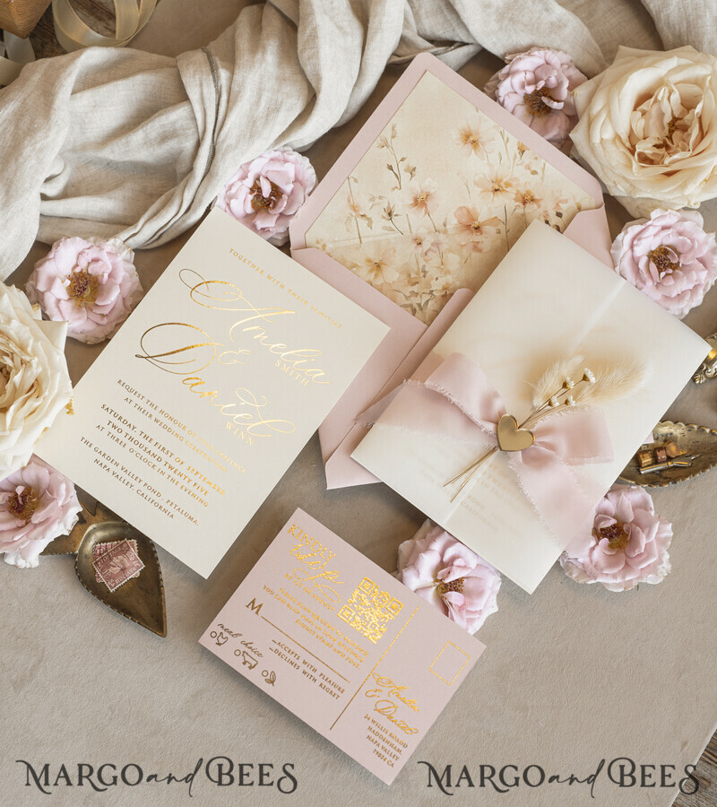 Whimsical Blush Gold Wedding Invitation with vellum jacket chiffon bow nad natural dierd flowers,  Elegant Floral Wedding Invitation with mirror gold heart-22