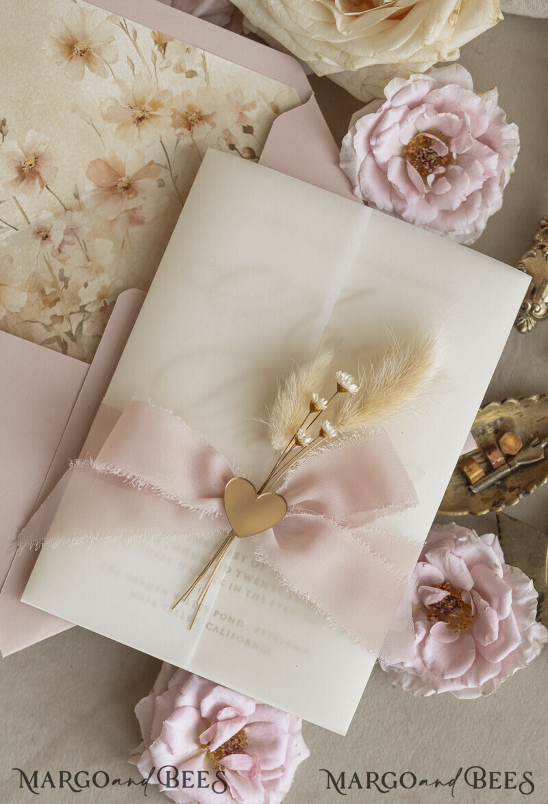 Whimsical Blush Gold Wedding Invitation with vellum jacket chiffon bow nad natural dierd flowers,  Elegant Floral Wedding Invitation with mirror gold heart-23