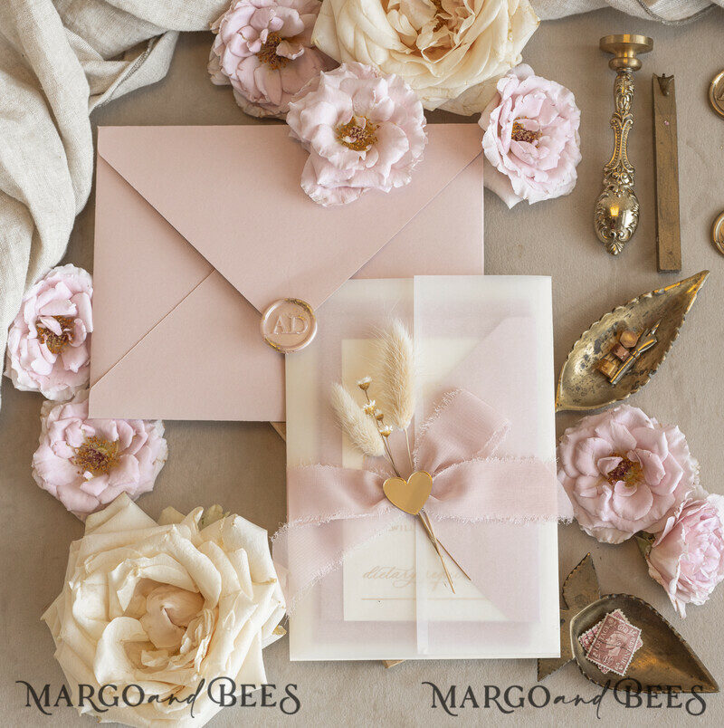 Whimsical Blush Gold Wedding Invitation with vellum jacket chiffon bow nad natural dierd flowers,  Elegant Floral Wedding Invitation with mirror gold heart-4