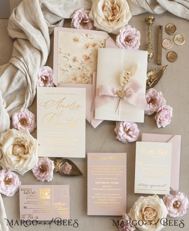 Whimsical Blush Gold Wedding Invitation with vellum jacket chiffon bow nad natural dierd flowers,  Elegant Floral Wedding Invitation with mirror gold heart-6