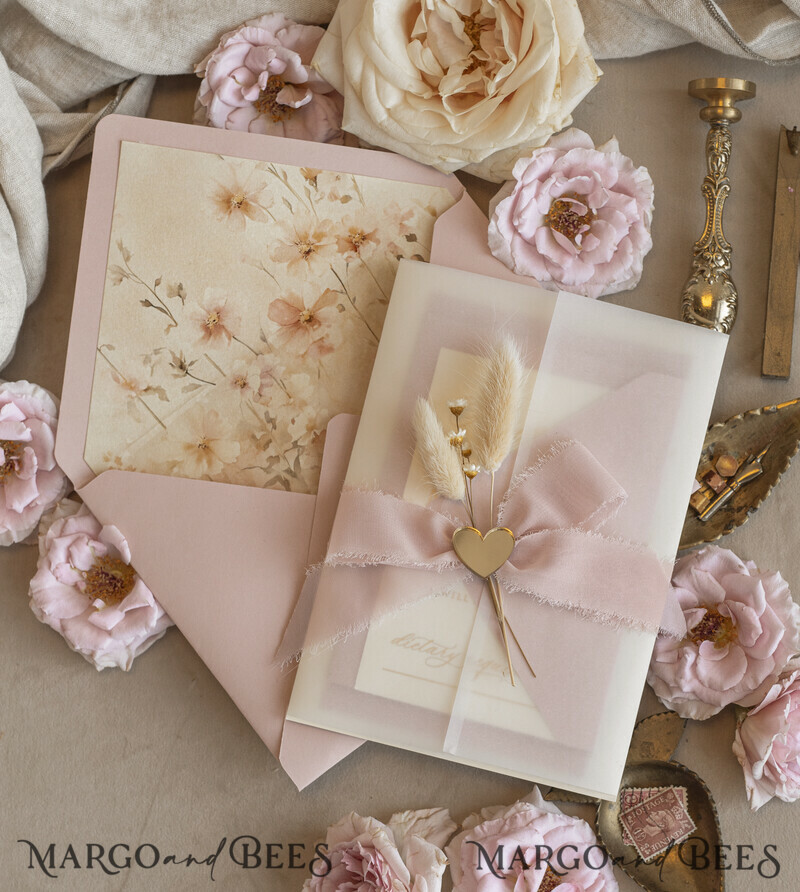 Whimsical Blush Gold Wedding Invitation with vellum jacket chiffon bow nad natural dierd flowers,  Elegant Floral Wedding Invitation with mirror gold heart-7