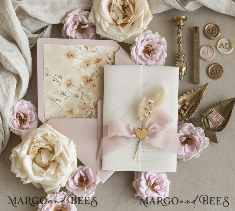 Whimsical Blush Gold Wedding Invitation with vellum jacket chiffon bow nad natural dierd flowers,  Elegant Floral Wedding Invitation with mirror gold heart-8