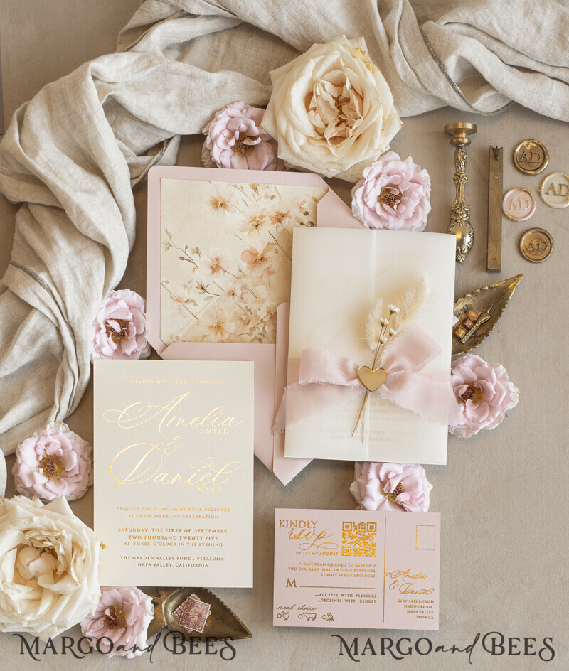 Whimsical Blush Gold Wedding Invitation with vellum jacket chiffon bow nad natural dierd flowers,  Elegant Floral Wedding Invitation with mirror gold heart-9