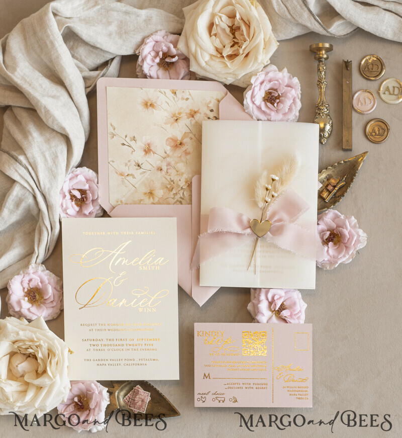 Whimsical Blush Gold Wedding Invitation with vellum jacket chiffon bow nad natural dierd flowers,  Elegant Floral Wedding Invitation with mirror gold heart-0