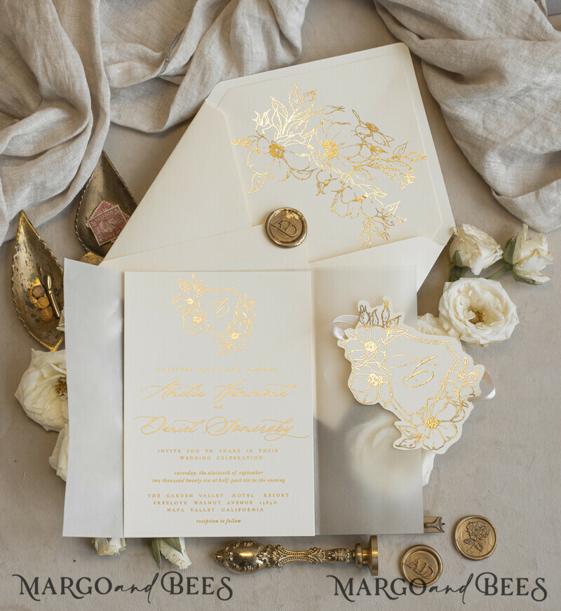 Vintage Floral Crest Monogram Blush Wedding Invitation with chiffon torn bow, French Provence Garden Elegant Floral Wedding Invitation suite Deckled Torn edges , Elegant Toile de Jouy & Baroque Invitation set-1