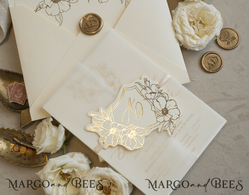 Vintage Floral Crest Monogram Blush Wedding Invitation with chiffon torn bow, French Provence Garden Elegant Floral Wedding Invitation suite Deckled Torn edges , Elegant Toile de Jouy & Baroque Invitation set-19