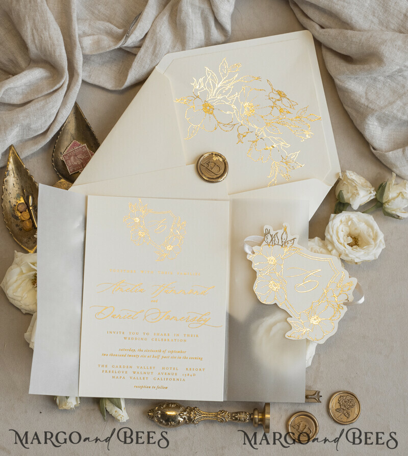 Vintage Floral Crest Monogram Blush Wedding Invitation with chiffon torn bow, French Provence Garden Elegant Floral Wedding Invitation suite Deckled Torn edges , Elegant Toile de Jouy & Baroque Invitation set-2