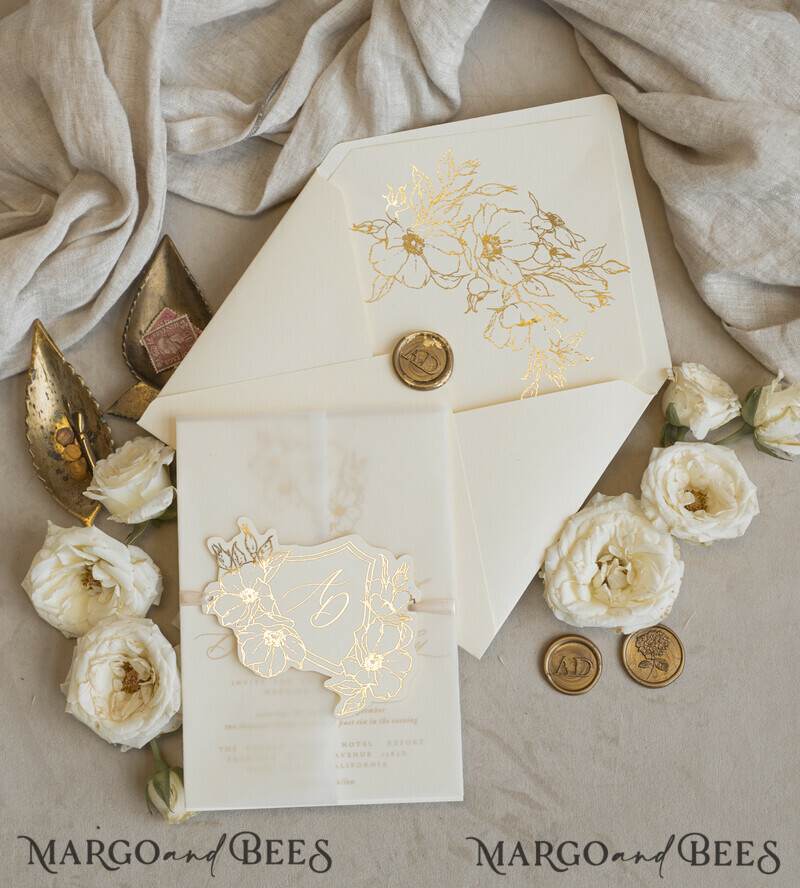 Vintage Floral Crest Monogram Blush Wedding Invitation with chiffon torn bow, French Provence Garden Elegant Floral Wedding Invitation suite Deckled Torn edges , Elegant Toile de Jouy & Baroque Invitation set-21