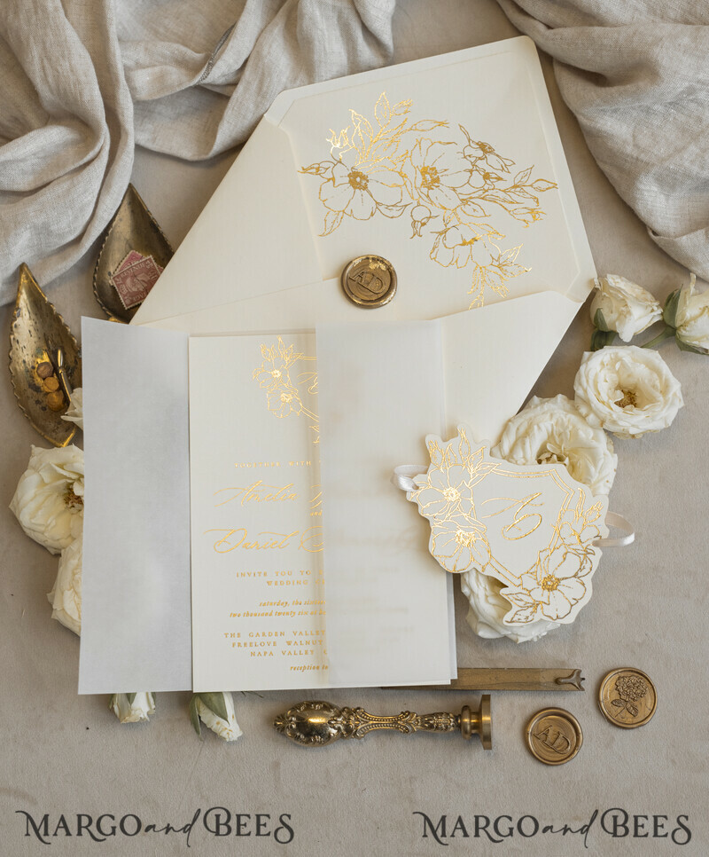 Vintage Floral Crest Monogram Blush Wedding Invitation with chiffon torn bow, French Provence Garden Elegant Floral Wedding Invitation suite Deckled Torn edges , Elegant Toile de Jouy & Baroque Invitation set-4