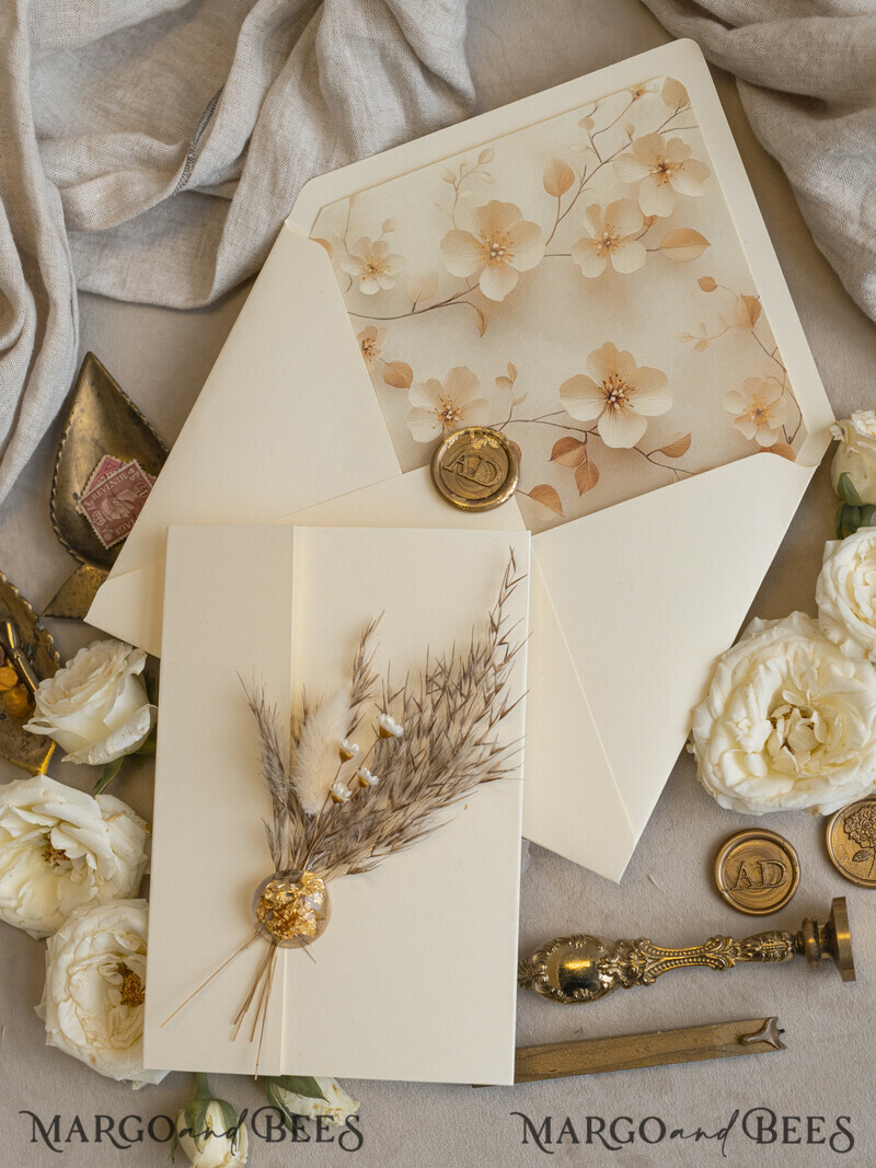 Folder Ivory Gold Wedding Invitation with natural dried flowers and pampass gras , Garden Elegant Floral Wedding Invitation-1