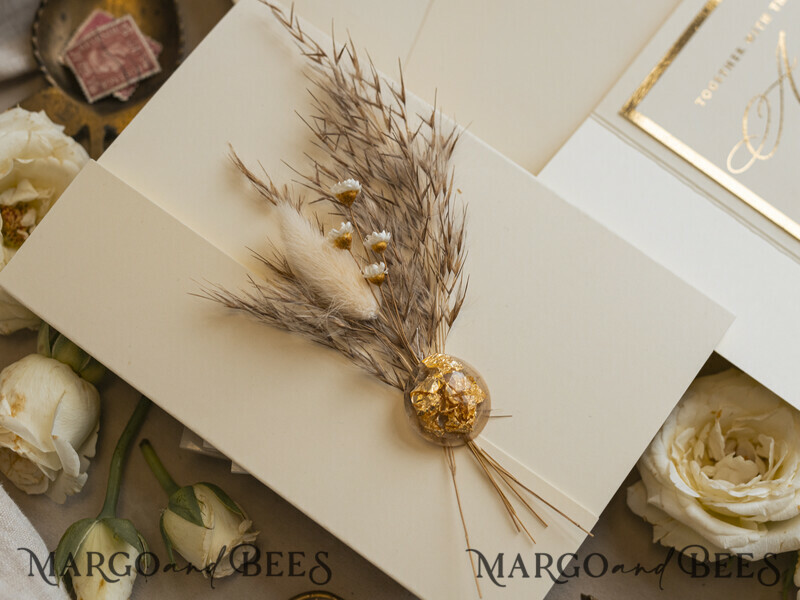 Folder Ivory Gold Wedding Invitation with natural dried flowers and pampass gras , Garden Elegant Floral Wedding Invitation-11