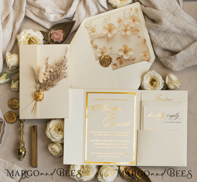 Folder Ivory Gold Wedding Invitation with natural dried flowers and pampass gras , Garden Elegant Floral Wedding Invitation-13