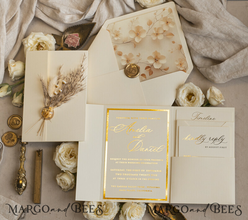 Folder Ivory Gold Wedding Invitation with natural dried flowers and pampass gras , Garden Elegant Floral Wedding Invitation-14