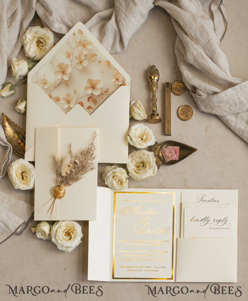 Folder Ivory Gold Wedding Invitation with natural dried flowers and pampass gras , Garden Elegant Floral Wedding Invitation-15