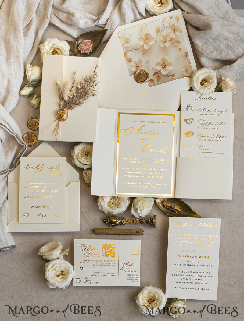 Folder Ivory Gold Wedding Invitation with natural dried flowers and pampass gras , Garden Elegant Floral Wedding Invitation-5