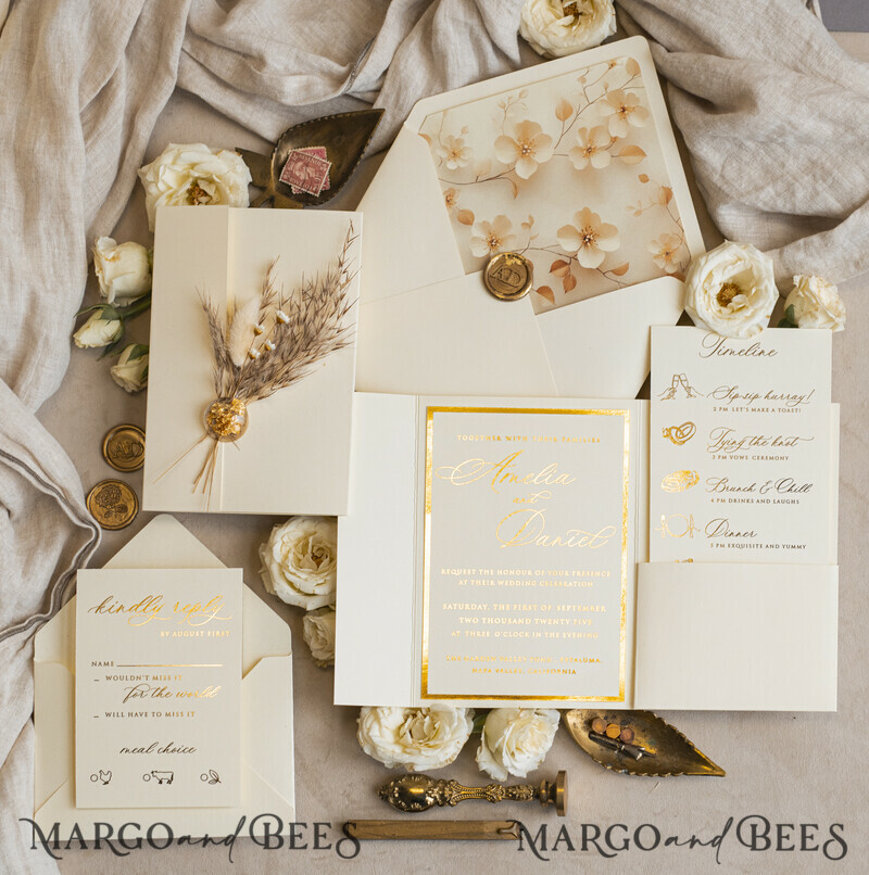 Folder Ivory Gold Wedding Invitation with natural dried flowers and pampass gras , Garden Elegant Floral Wedding Invitation-6