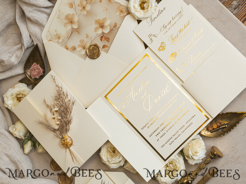 Folder Ivory Gold Wedding Invitation with natural dried flowers and pampass gras , Garden Elegant Floral Wedding Invitation-7