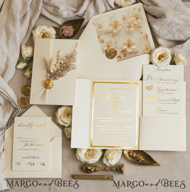 Folder Ivory Gold Wedding Invitation with natural dried flowers and pampass gras , Garden Elegant Floral Wedding Invitation-8