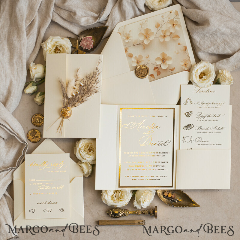 Folder Ivory Gold Wedding Invitation with natural dried flowers and pampass gras , Garden Elegant Floral Wedding Invitation-9