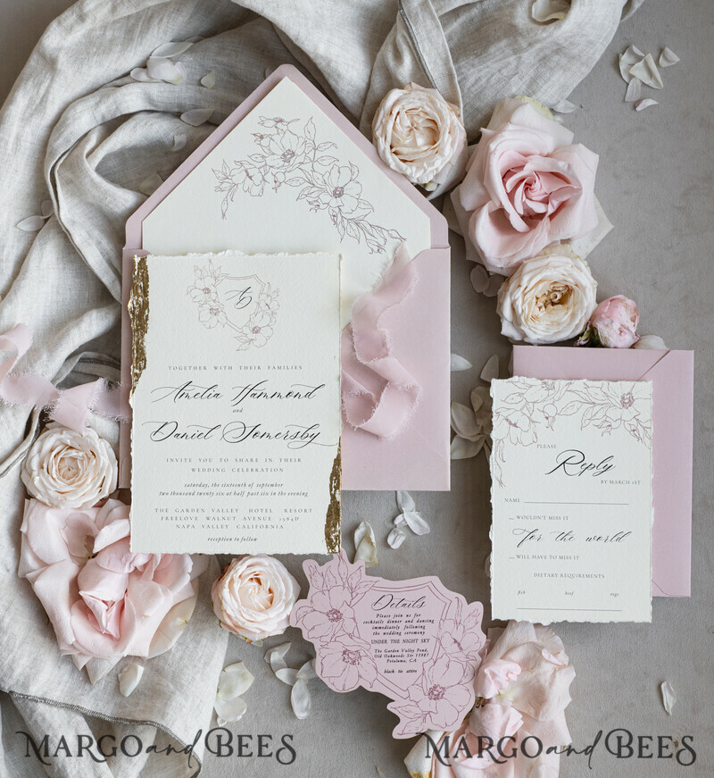 Vintage Floral Crest Monogram Blush Wedding Invitation with chiffon torn bow, French Provence Garden Elegant Floral Wedding Invitation suite Deckled Torn edges , Elegant Toile de Jouy & Baroque Invitation set-1