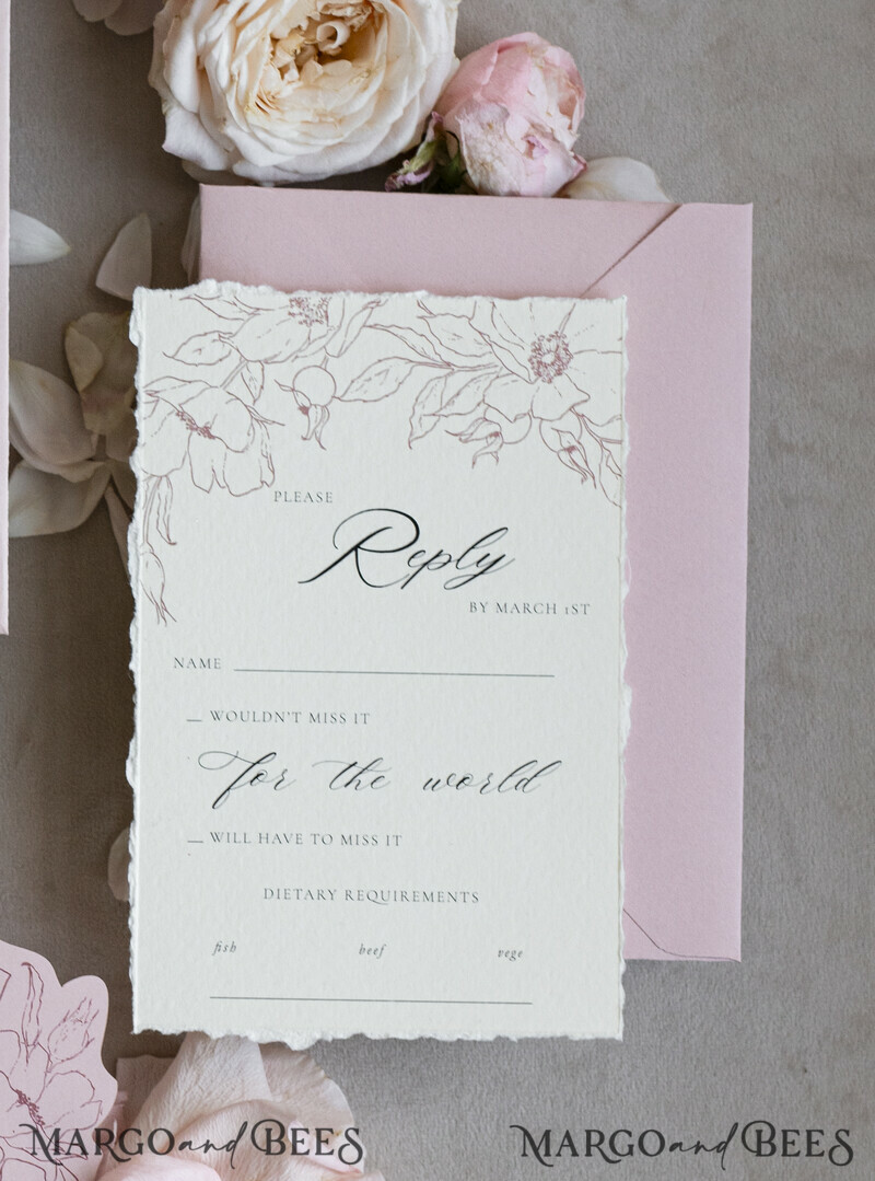 Vintage Floral Crest Monogram Blush Wedding Invitation with chiffon torn bow, French Provence Garden Elegant Floral Wedding Invitation suite Deckled Torn edges , Elegant Toile de Jouy & Baroque Invitation set-10