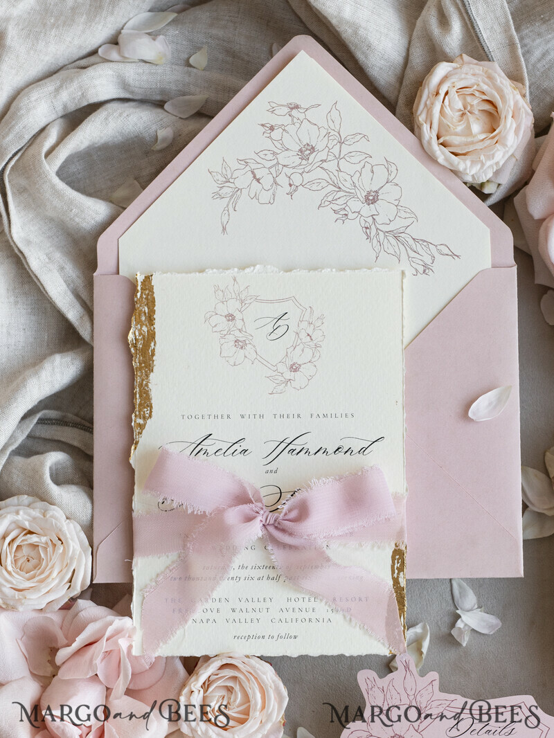 Vintage Floral Crest Monogram Blush Wedding Invitation with chiffon torn bow, French Provence Garden Elegant Floral Wedding Invitation suite Deckled Torn edges , Elegant Toile de Jouy & Baroque Invitation set-11