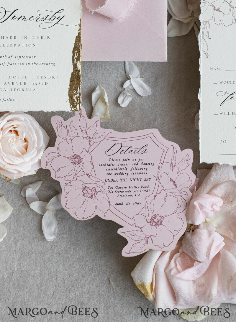 Vintage Floral Crest Monogram Blush Wedding Invitation with chiffon torn bow, French Provence Garden Elegant Floral Wedding Invitation suite Deckled Torn edges , Elegant Toile de Jouy & Baroque Invitation set-12