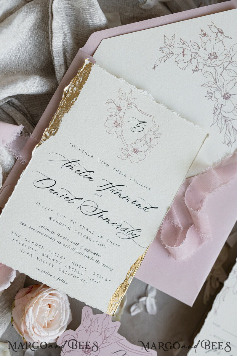 Vintage Floral Crest Monogram Blush Wedding Invitation with chiffon torn bow, French Provence Garden Elegant Floral Wedding Invitation suite Deckled Torn edges , Elegant Toile de Jouy & Baroque Invitation set-2