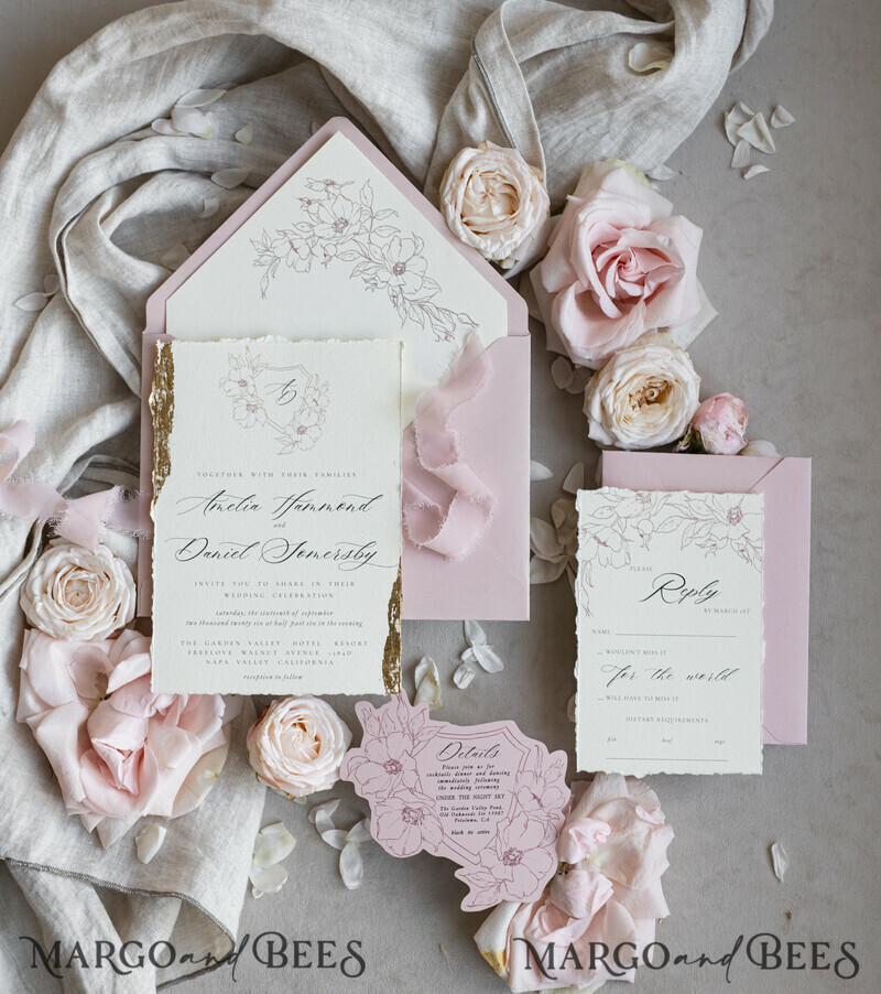 Vintage Floral Crest Monogram Blush Wedding Invitation with chiffon torn bow, French Provence Garden Elegant Floral Wedding Invitation suite Deckled Torn edges , Elegant Toile de Jouy & Baroque Invitation set-3