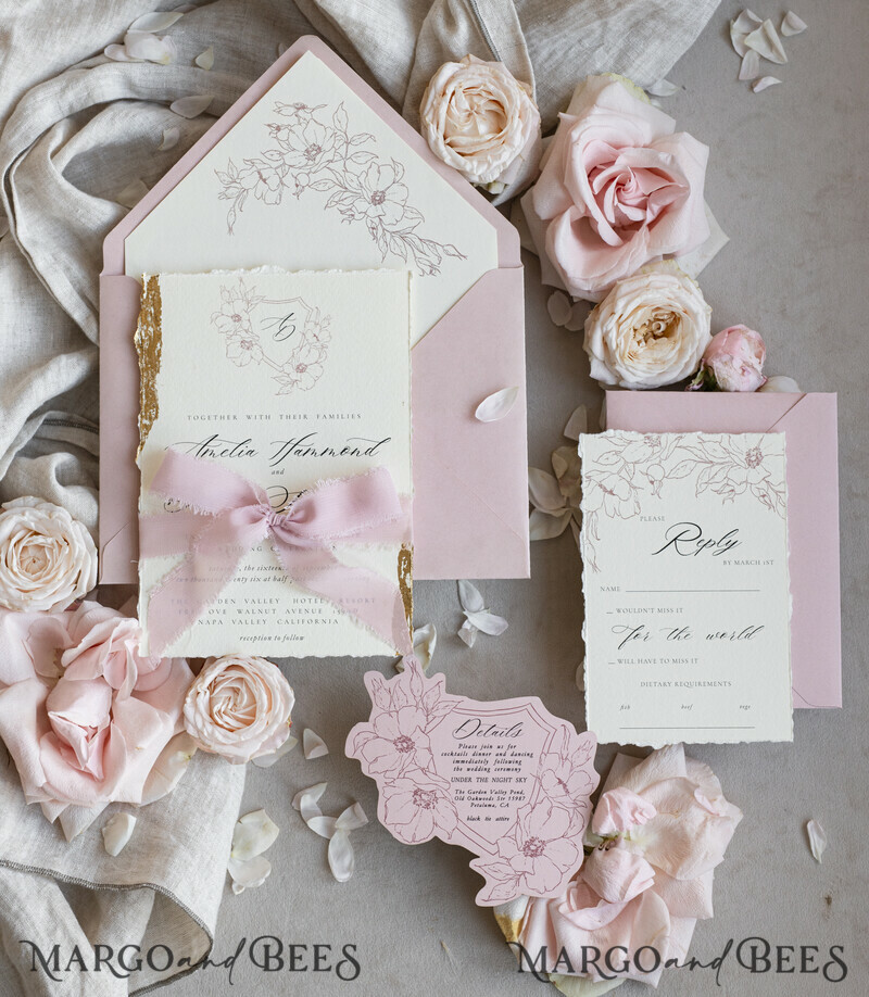 Vintage Floral Crest Monogram Blush Wedding Invitation with chiffon torn bow, French Provence Garden Elegant Floral Wedding Invitation suite Deckled Torn edges , Elegant Toile de Jouy & Baroque Invitation set-4