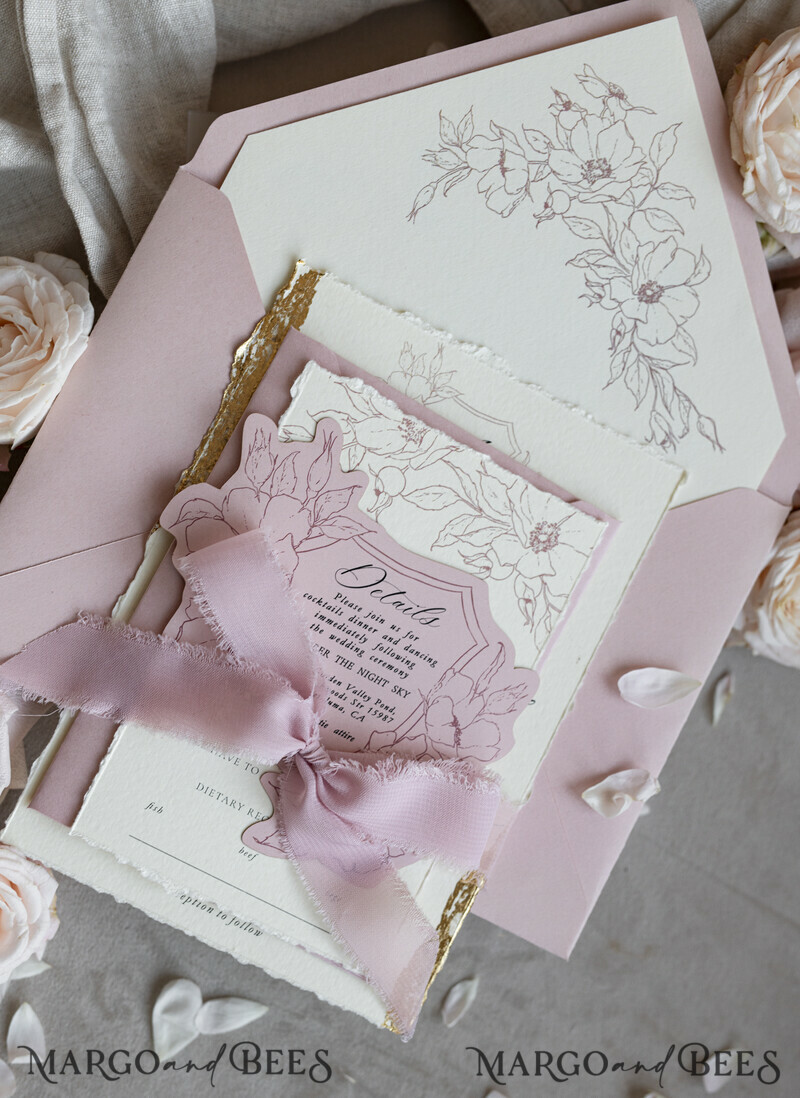 Vintage Floral Crest Monogram Blush Wedding Invitation with chiffon torn bow, French Provence Garden Elegant Floral Wedding Invitation suite Deckled Torn edges , Elegant Toile de Jouy & Baroque Invitation set-5