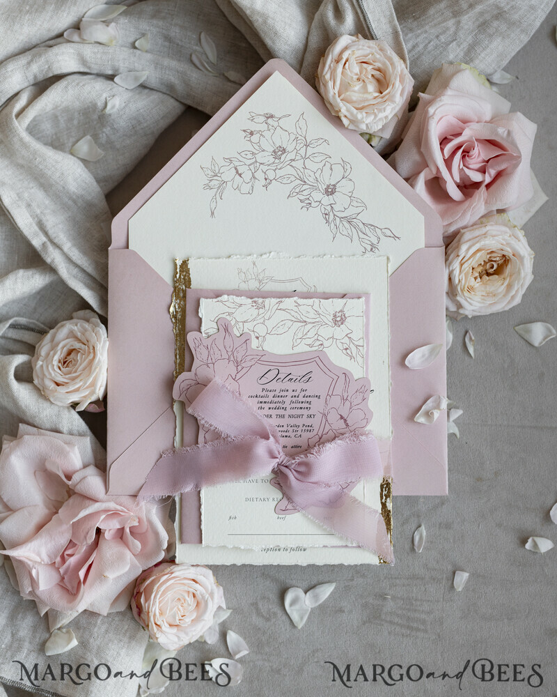 Vintage Floral Crest Monogram Blush Wedding Invitation with chiffon torn bow, French Provence Garden Elegant Floral Wedding Invitation suite Deckled Torn edges , Elegant Toile de Jouy & Baroque Invitation set-6