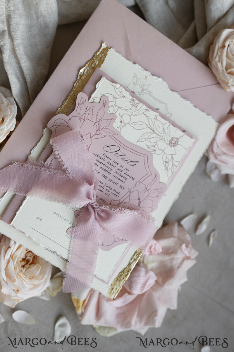 Vintage Floral Crest Monogram Blush Wedding Invitation with chiffon torn bow, French Provence Garden Elegant Floral Wedding Invitation suite Deckled Torn edges , Elegant Toile de Jouy & Baroque Invitation set-7