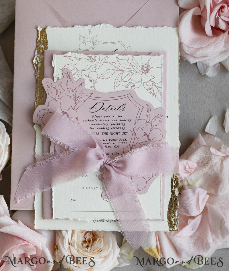 Vintage Floral Crest Monogram Blush Wedding Invitation with chiffon torn bow, French Provence Garden Elegant Floral Wedding Invitation suite Deckled Torn edges , Elegant Toile de Jouy & Baroque Invitation set-8