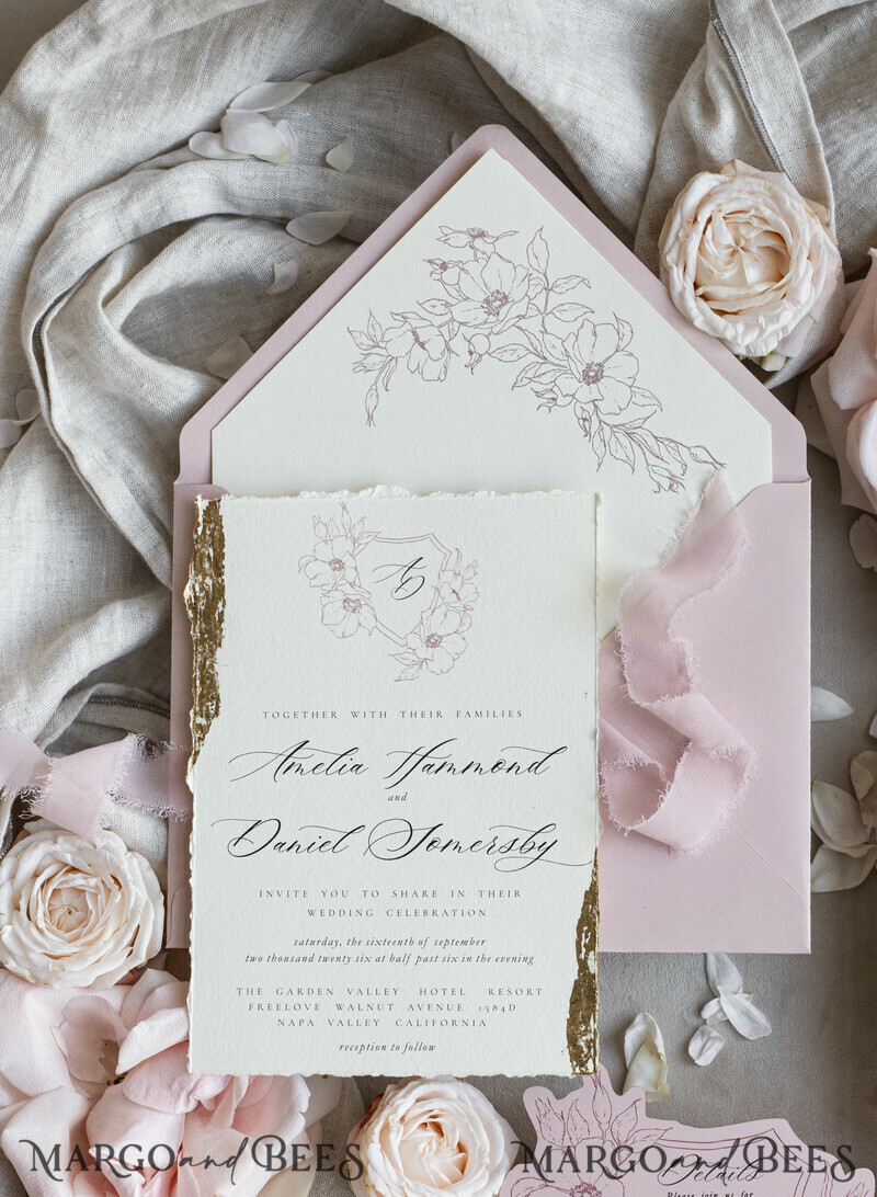 Vintage Floral Crest Monogram Blush Wedding Invitation with chiffon torn bow, French Provence Garden Elegant Floral Wedding Invitation suite Deckled Torn edges , Elegant Toile de Jouy & Baroque Invitation set-9