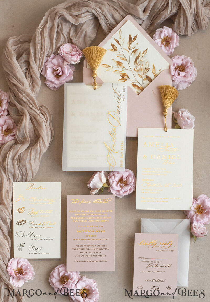 Whimsical Blush Gold Wedding Invitation with vellum etui Garden Elegant Floral Wedding Invitation with mirror gold heart-10