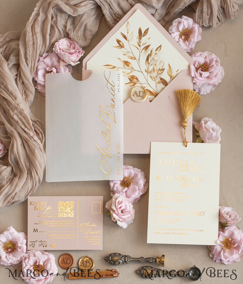 Whimsical Blush Gold Wedding Invitation with vellum etui Garden Elegant Floral Wedding Invitation with mirror gold heart-2