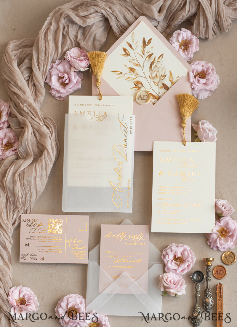 Whimsical Blush Gold Wedding Invitation with vellum etui Garden Elegant Floral Wedding Invitation with mirror gold heart-4