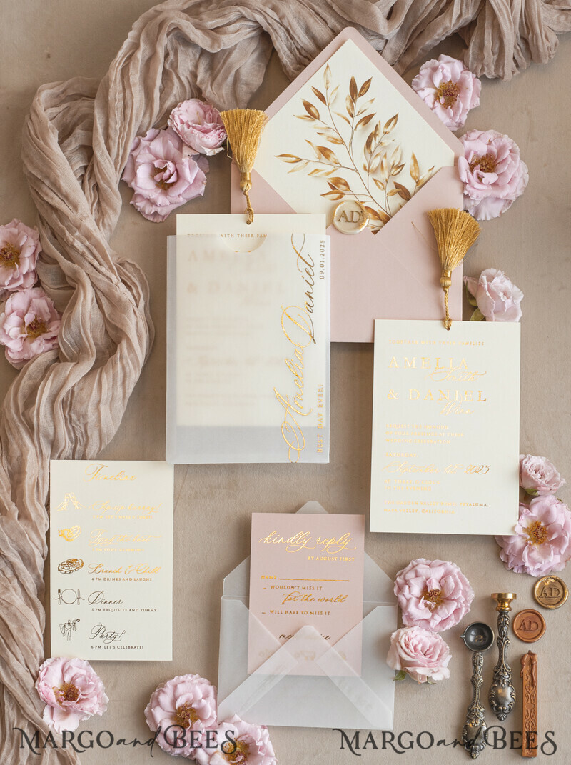 Whimsical Blush Gold Wedding Invitation with vellum etui Garden Elegant Floral Wedding Invitation with mirror gold heart-7