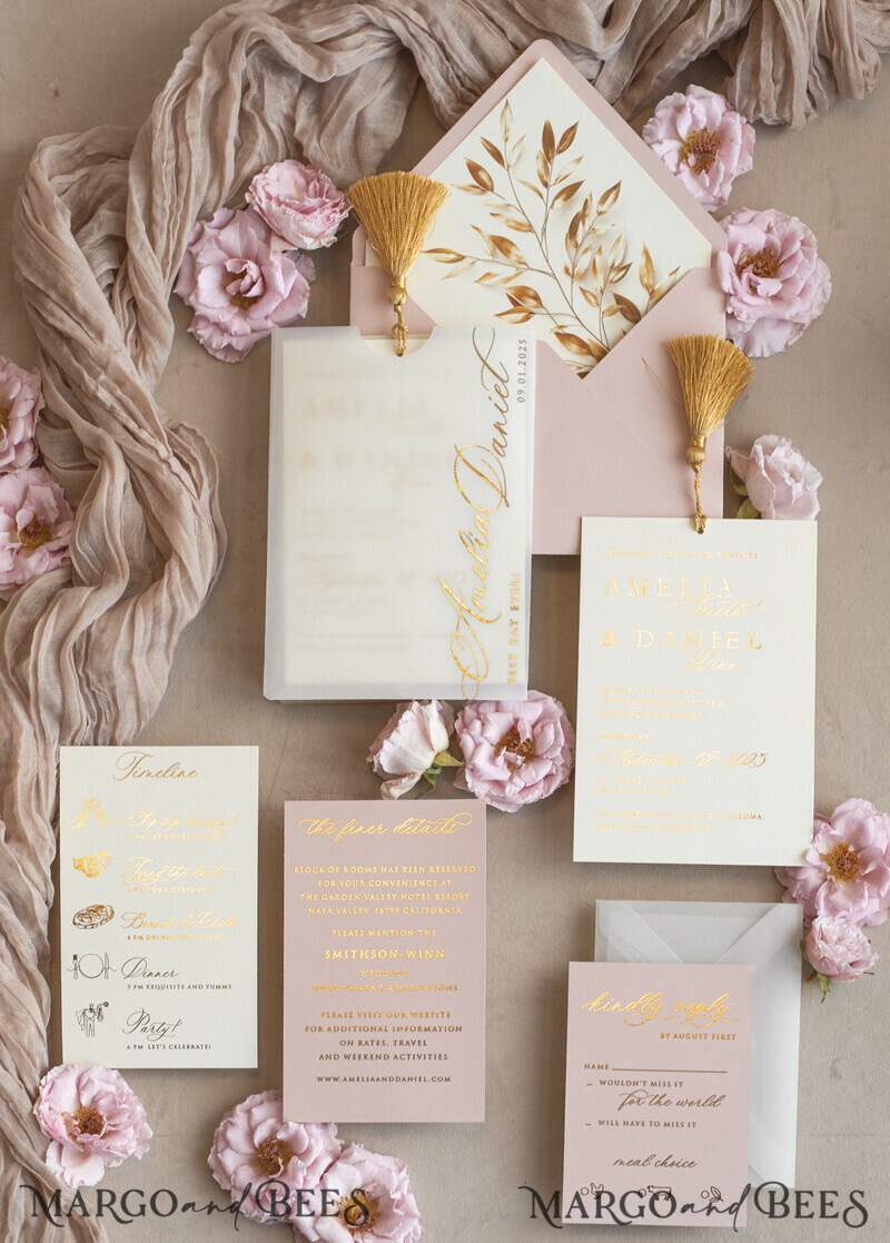 Whimsical Blush Gold Wedding Invitation with vellum etui Garden Elegant Floral Wedding Invitation with mirror gold heart-8