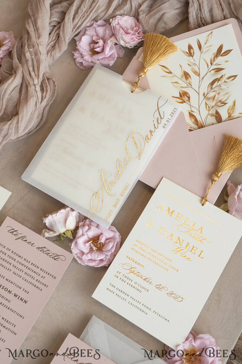 Whimsical Blush Gold Wedding Invitation with vellum etui Garden Elegant Floral Wedding Invitation with mirror gold heart-9